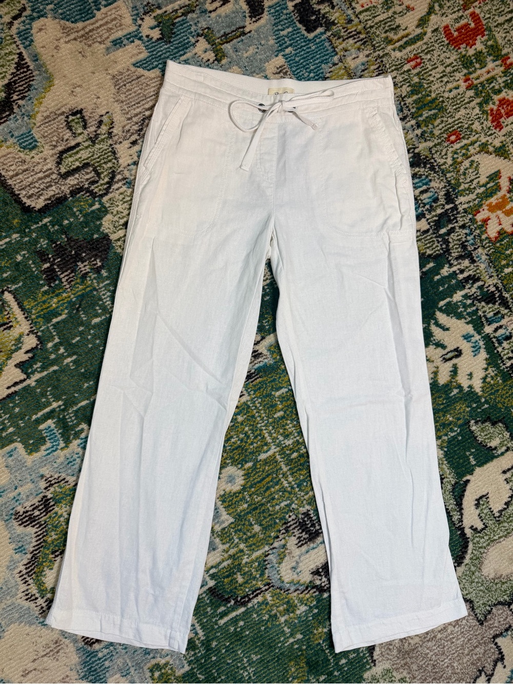 Per Se White Linen Blend Drawstring Straight Leg Pants Small Coastal Minimalist - Picture 2 of 7